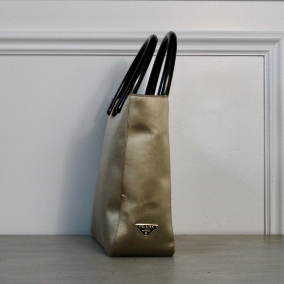 Vintage Late 1990s Prada Taupe Satin Handbag with Black Composite Handles - Picture 3 of 11